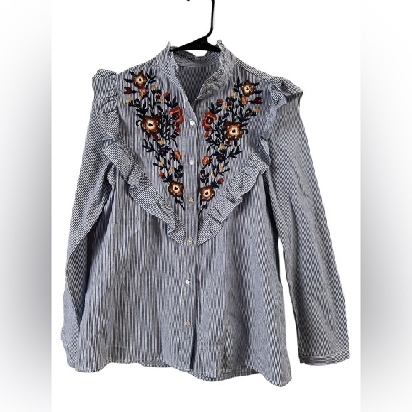 Long sleeve striped embroidered floral ruffled blouse - Picture 2 of 5